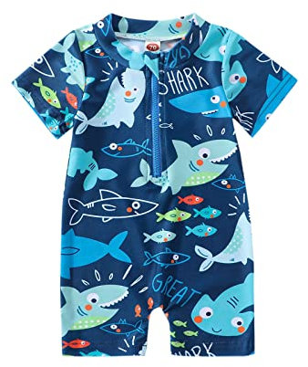 Toddler Baby Boy Swimsuit with Hat Zip Up Short Sleeve All in One Swimming Costume UV Sun Protection Swimwear One Piece Swimming Suit Rash Guard Sunsuit (Shark Fish Navy, 12-24 Months)