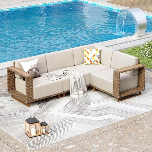 PHI VILLA Rattan Gartenmöbel Set Balkonmöbel für 4, Lounge Möbel Outdoor Sofa Sets für Garten und Terrasse, Allwetter Gartensofa Terassenmöbel Außen mit Dicken Weißen Kissen und Ergonomischem Design