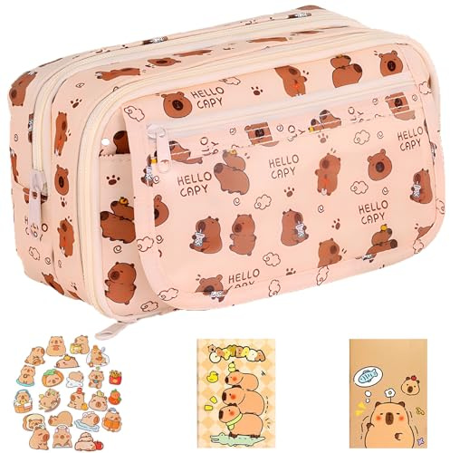 ZenyTra 9-Fach Capybara Federmäppchen Set Braun | Mit 2 Notizbüchern & 20 Sticker | Großes Mäppchen mit Reißverschluss für Schule | Niedliches Schreibtischzubehör in Naturfarben
