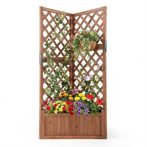 COSTWAY Blumenkasten mit Rankgitter, Pflanzkasten Eck aus Holz, Pflanzkübel mit Sichtschutz, Hochbeet mit Spalier & Drainageloch, Blumenkübel für Kletterpflanzen Garten Hof Balkon, 55x55x140 cm, Braun