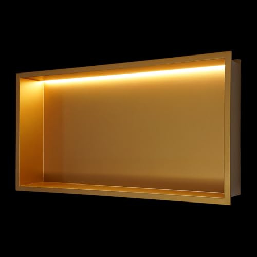 Générique Niche de Douche en Acier Inoxydable doré 61 x 30 cm avec éclairage LED 4000K, étagère Murale encastrée étanche pour Le Rangement dans la Salle de Bain, sans carrelage, Design Moderne