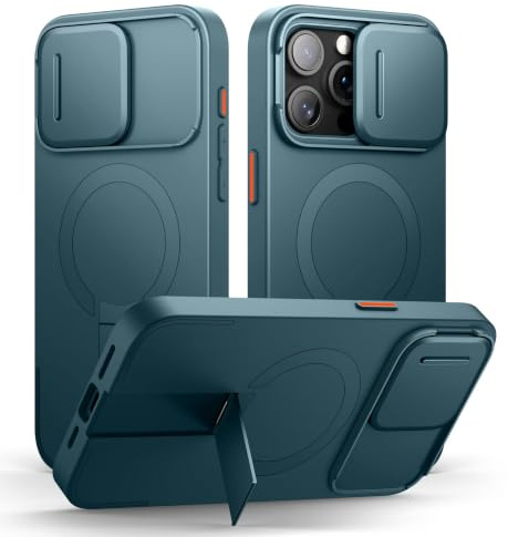 SURITCH Funda Magnética Compatible con iPhone 15 Pro MAX, Carcasa de amortiguación a Prueba Protectora con Tapa de cámara Deslizante y Soporte Ajustable(Lago Verde)