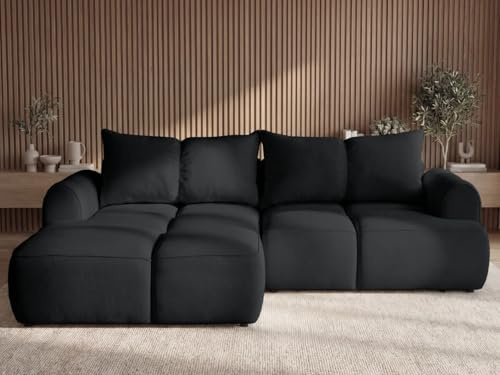 GRAINGOLD Boono Ecksofa 282x170 cm, L-Form Sofa, Ecksofa für Wohnzimmer, Veloursstoff, 4-Sitzer Eckcouch, Ecksofa mit Stauraum und Bettfunktion, Modernes Design (Schwarz, Links)