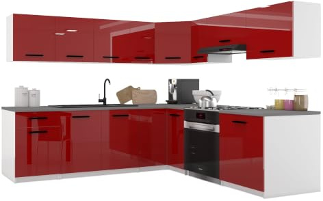 Belini Italia 7 Eckküche Küchenblock 420cm Rot | Küchenset als Eckküche, weiße Korpusse, DECOR ECONATURA Material, kratzfest, ohne Elektrogeräte, mit Arbeitsplatte