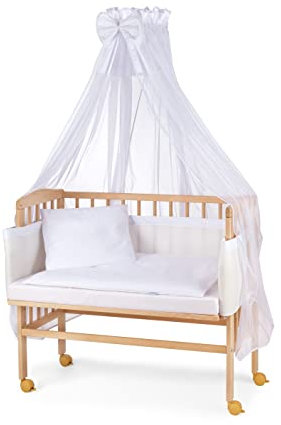 Waldin Beistellbett mit Matratze und Stoffen, höhen-verstellbar, 16 Modelle wählbar, Buche Massiv-Holz Natur unbehandelt,Große Liegefläche 90x55cm,weiß