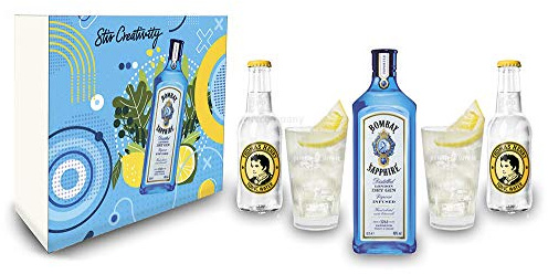 Bombay Sapphire Gin Tonic Set/Geschenkset ? Bombay Sapphire London Dry Gin 0,7l 700ml (40% Vol.) + 2x Thomas Henry Tonic Water 200ml + 2x Gläser - Inkl. Pfand MEHRWEG
