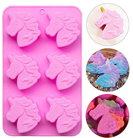 Fewo 6 Cavities Unicorn Head Cupcake Mold, Non-Stick Unicorn Shaped Silicone Mould for Party Cakes Soaps Bath Bombs Jello Shots Kids' Baking Supplies