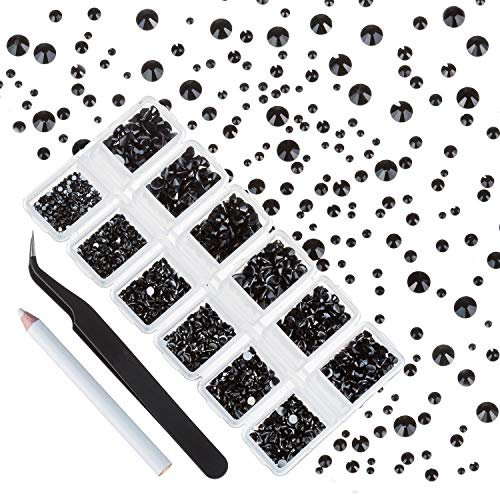 4200 Pieces Flat Back Black Nail Art Rhinestones for Nail Art Decorations, Round Crystal Gems Stickers for Clothes and Craft, 1.5 mm - 4.8 mm, 6 Sizes