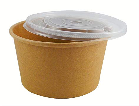 Thali Outlet - 50 x 16oz / 500ml Brown HD Kraft Deli Soup Containers + Vented Clear Plastic Lids - for Hot & Cold Food. Ice Cream Rice Curry Takeaways
