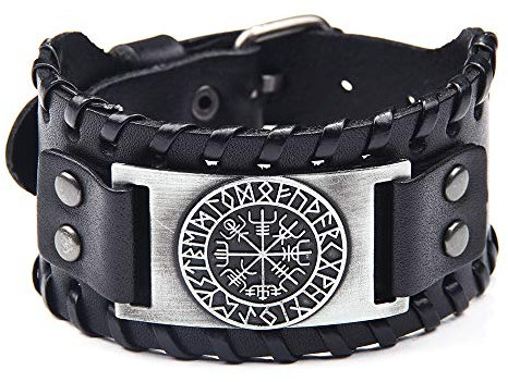 Schwarzes Lederarmband Viking Vegvisir Compass Nordic Runes Leder Armband Armreif für Herren