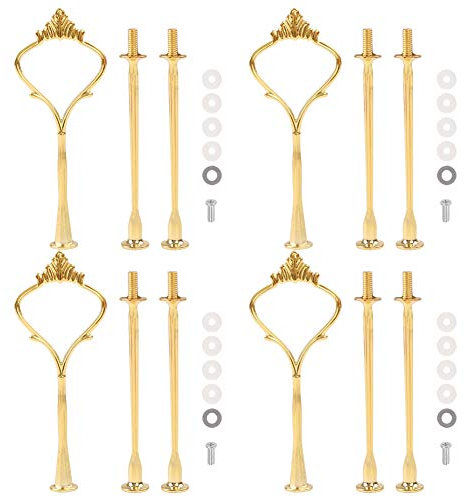 Gukasxi 4 Sets of 3 Tier Cake Plate Stand Handle, 2 Styles Cake Cupcake Tray Stand Handle Fruit Plate Hardware Fitting Holder（Golden）