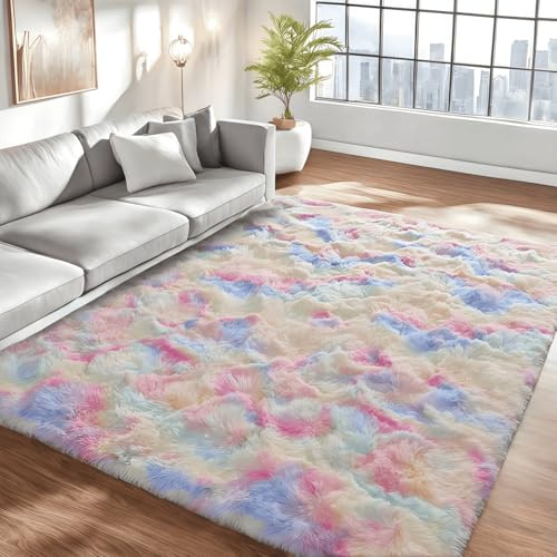 linyingdian Hochflor Teppich wohnzimmerteppich Langflor - Teppiche für Wohnzimmer flauschig Shaggy Schlafzimmer Bettvorleger Outdoor Carpet. (Regenbogenfarben, 80x160cm)