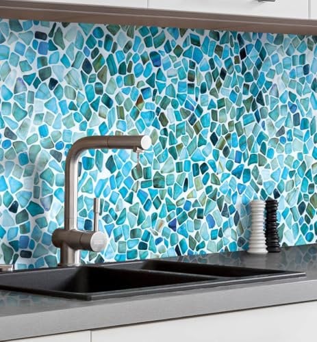 MyMaxxi Küchenrückwand Folie selbstklebend matt - einfache Montage ohne Bohren 0,4mm stark Versteift - Motiv Mosaik blau 60cm hoch - Spritzschutz Küche Klebefolie - Mauer Steine 400 x 60cm
