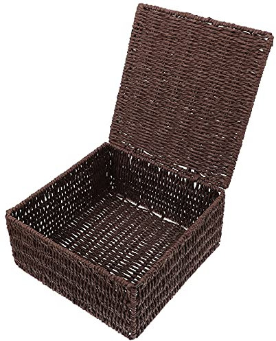 WINOMO Geflochtener Aufbewahrungskorb mit Deckel Eckig Aufbewahrungskiste Gewebter Regalkorb Dunkelbraun Desktop Organizer Multifunktional Aufbewahrung Zimmer Küche Bad Tisch Haushalt