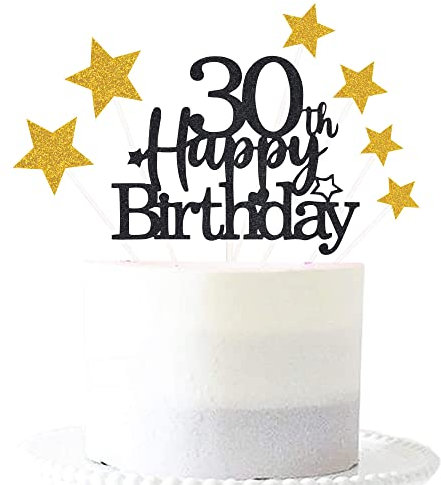 Glittery 30th Happy Birthday Cake Topper with Star,30 Birthday Cake Toppers Party Decorations Party Supplies for Men Women Black Gold