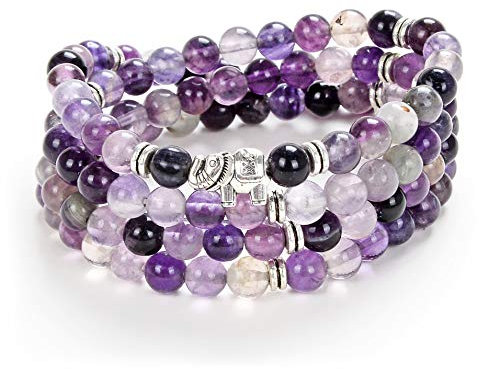 108 Mala-Stein-Perlen-Halsketten-Wrap-Handgelenk-Armband mit Elefanten-Charme-handgemachtes Schmuck-Geschenk (Lila Fluorit (Purple Fluorite))