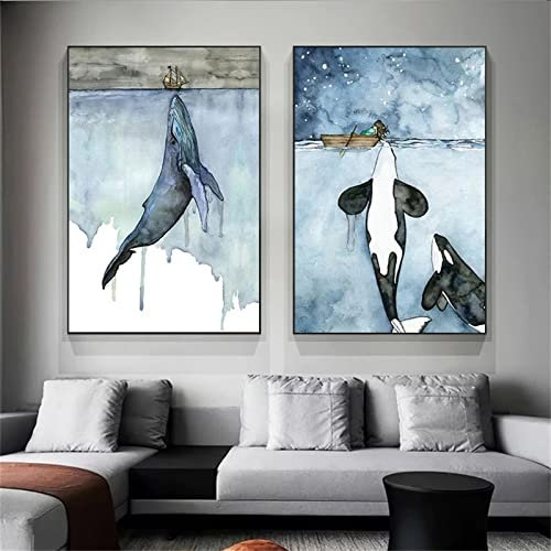 Sarah Duke Poster 2er Set, Blau Wal Aquarell Bilder Kunstposter, Ohne Rahmen Wandbilder, Leinwandbilder für Wohnzimmer Schlafzimmer Wanddeko (50 x 70 cm)