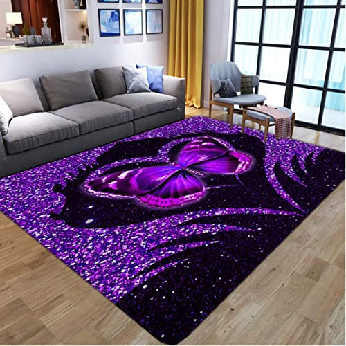JOKITA Teppich Schlafzimmer Modern Lila Schmetterling 3D Lila Schmetterling Wohnzimmer Teppich Lila Schmetterling Dekoration Carpet rutschfeste Teppiche, 140 x 200 cm