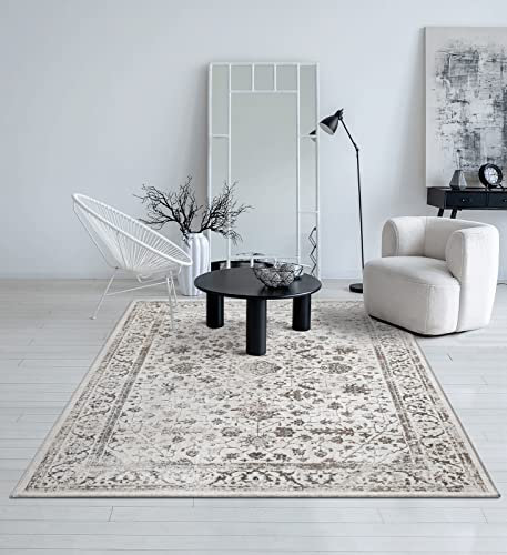 the carpet Mila - moderner Kurzflor Teppich, Wohnzimmer, Schlafzimmer, Eleganter Glanz, Glanzfaser, Hoch-Tief Effekt, Bordüre, Creme, 240 x 340 cm