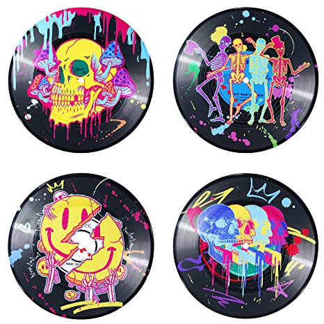 Putuo Trippy Vinyl-Schallplatten-Dekor-Set mit 4 Stück – Indie Aesthetic Records Totenkopf-Wandkunst, psychedelische adrette Raumdekoration für Wohnheim, Bar und Studio