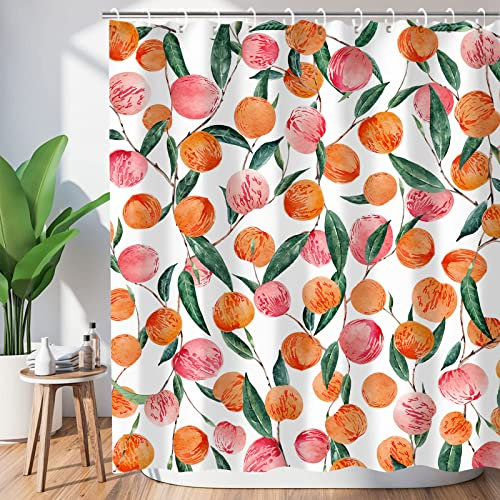 Pfirsich-Duschvorhang, Früchte, Duschvorhang, niedliches, helles, buntes Design, rosa Aquarell, pfirsichfarben, wasserdicht, Duschvorhang-Set, waschbar, 183x183 cm, Badewannen, Badezimmerzubehör