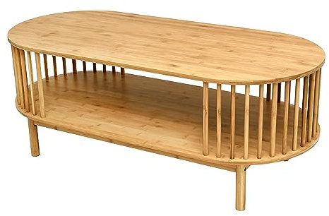 VaeFae Table basse ovale en bambou pour salon, table centrale de ferme à 2 niveaux en bois avec étagère de rangement