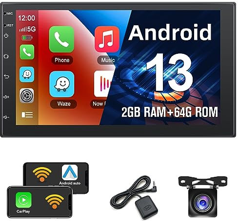 2+64G 2Din 7 Pollici Autoradio con Wireless A-pple Carplay/Android Auto Ricevitore Radio， Podofo Android 13 Touchscreen con GPS/Bluetooth/SWC/FM/RDS/WiFi/USB + Telecamera di Backup