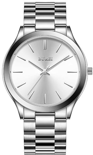 BUREI Reloj de cuarzo de moda para hombres, reloj analógico con fecha y correa de acero inoxidable, resistente al agua, relojes clásicos para hombres, plata, Pulsera