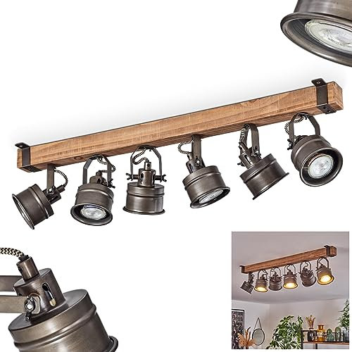 Deckenleuchte Pehefito, moderne Deckenlampe aus Holz/Metall in Braun/Schwarz, Deckenleuchte im Industrial-Design mit Holzbalken und verstellbaren Schirmen, 6-flammig, 6 x GU10, ohne Leuchtmittel