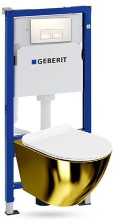 Lavita Duofix Basic Vorwandelement + Wand Tiefspül WC Sofi Slim Gold/Weiß Spülrandlos + WC Sitz + Bedienplatte Delta 25 Weißer Knopf Komplettset Unterputz Spülkasten Toilette Komplett Sett WC