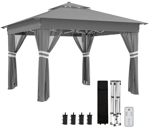 Outsunny Carpa Plegable 3x3 m Cenador de Jardín con 20 Luces LED Solares Doble Techo 4 Mosquiteras Altura Ajustable Mando a Distancia y Bolsa de Transporte para Jardín Patio Fiestas Gris