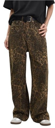 Susenstone Leoparden Hose Hellbraune Leoparden Damen Jeans mit Weitem Bein Barrel Taille Mittlere Taille Leopardenmuster Jeanshose Y2k Baggy Boyfriend Jeans mit Taschen Streetwear Jeans Damen Baggy