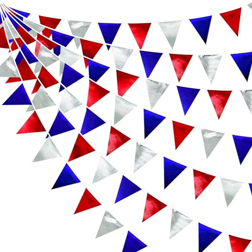 Rot-Blau-Silber-Party-Dekorationen, metallischer Stoff, Dreieck-Wimpel, Banner, Flagge, Wimpelkette, Girlande für Abschlussfeiern, 4. Juli, Amerikanische USA, Nationalfeiertag, patriotische Veteranen