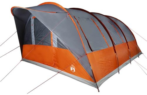vidaXL Tunnel Familienzelt 7 Personen, Campingzelt mit Netzwände, Wasserdicht Tunnelzelt mit E-Anschluss, Gruppenzelt, Grau Orange 185T Polyester