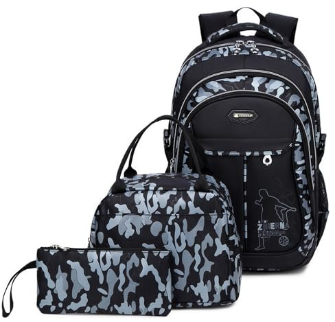 ZHIERNA Schulrucksack Jungen Teenager Rucksack Kinder Schultaschen Kinderrucksack Camouflage Rucksäcke Jugendliche Teens Schule Daypacks Schultertaschen Set Mit Lunchpaket und Federmappe
