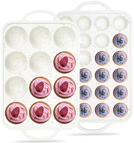 AOTASO Regular 12 Cup and Mini 24 Cup Nonstick Cupcake Pan Set Silicone Muffin Pan for Baking Silicone Cupcake Mold with Metal Reinforced Frame BPA Free (2 Pcs, Cream)