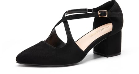 DREAM PAIRS Décolleté da donna con tacco spesso - Punta a punta - Comode - Cinturino incrociato - Tacco a blocco - Per feste, balli e matrimoni, daino nero, 40 EU