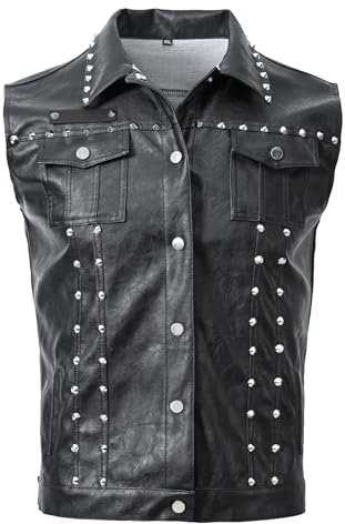 DSDZ Modische Herren-Weste mit Nieten, Kunstleder, PU, Punk, Party, Nieten, schmale Passform, ärmellose Weste für Herren, Schwarz, XX-Large