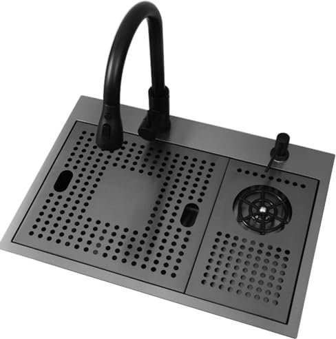 Fregadero de cocina negro de un solo tazón oculto, fregadero de exterior con barra para uso general, con tapa para fregadero, lavaplatos, grifo extraíble, combinación, fregadero para uso general