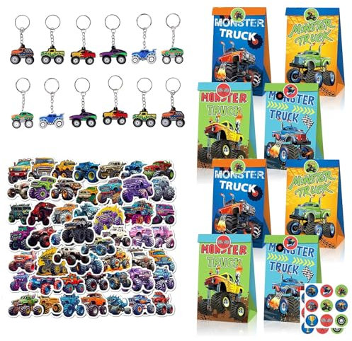 74Pcs Monster Truck Party Cadeaux, Monster Truck Ensemble de Cadeaux d'Anniversaire avec Monster Truck Sacs Cadeaux Porte-clés Autocollants, Cadeaux d'Anniversaire de Camion pour Enfants
