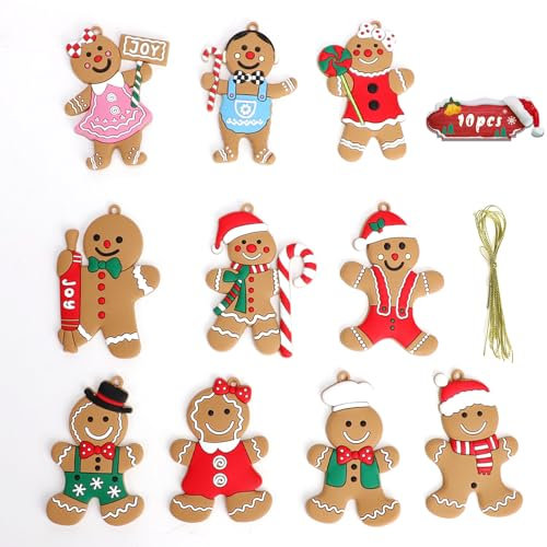 DOINEUFL 10 PCS Christmas Gingerbread Ornaments, Christmas Tree Decorations, Gingerbread Christmas Decorations with Strings Hanging Ornaments for Christmas Tree Holiday Party Festive Season Gift
