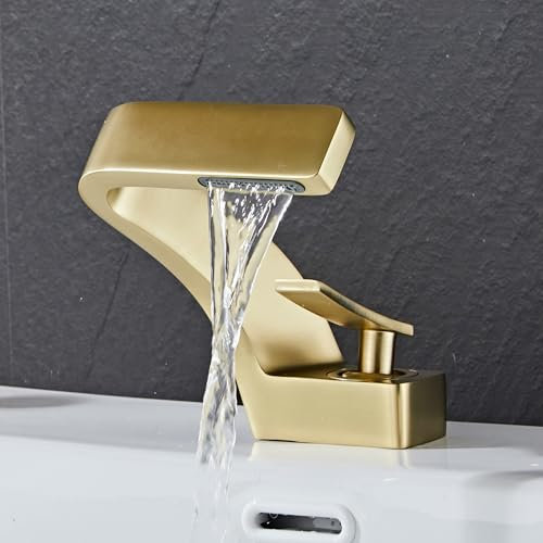 MocArt 2239 Waterfall Faucet, Bathroom Hot and Cold Mixer Tap, Hotel Basin Copper Faucet, Ceramic Valve Core, Single Hole Installation, Water Saving Design (Brushed Gold)