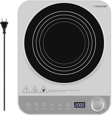 Einzel Induktionskochplatte, AMZCHEF Tragbar Induktionskochfeld 1 Platte mit Elektronischer Drehknopf, 10 Leistungs- und Temperaturstufen, Zeitschaltuhr 2000W
