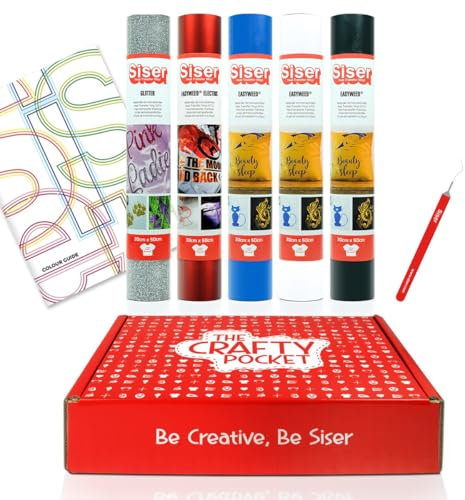 Siser Crafty Pocket Easy Start - Thermotransfer-Vinyl zum Personalisieren von Stoffen, für alle Schneideplotter geeignet - Kit enthält 5 Rollen 30 x 50 cm, Folie und Farbanleitung