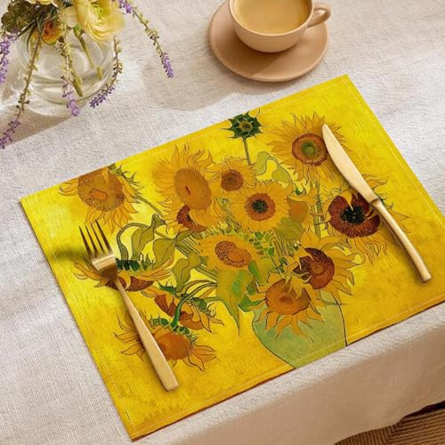 Van Gogh-Stilabwaschbare Tischsets, Abwaschbar, 2-Teilig, Leinen, Verschleißfest, Hitzebeständig, rutschfest, Für Küche, Zuhause, Esszimmer, (Rote Sonnenblume) 42X32Cm