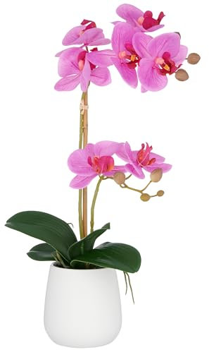 CREATIV green künstliche Orchidee Real Touch 50cm lila im Keramiktopf 9x11cm I Schmetterlingsorchidee wie echt mit 2 Stiele im weißen Keramiktopf I Pflegeleichte & täuschend echte Kunstblumen