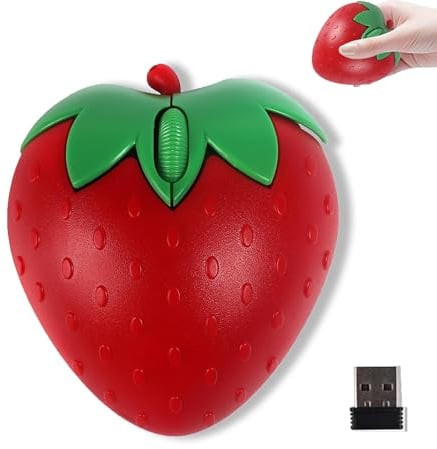 Wireless Bluetooth Mouse Cute Strawberry Fruit Shape Cartoon Design, Portable Lightweight Silent Optical Mouse, 2.4GHz & Bluetooth Dual Mode for PC Laptop Tablet MacBook,Gift for Girls Kids(Red)