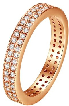 Tolldek Anello nuziale in oro giallo 9 carati Au375, con due file, in oro giallo 9 carati, gioielli autentici, misura 47-65, Oro rosa 9 carati (375), Diamante