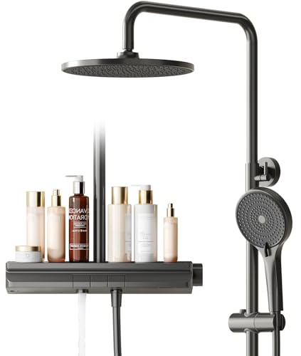 Thermostat-Duscharmatur-Set – Edelstahlstange mit 25 cm quadratischem Regenfall, 3 Strahlarten Handbrause, verstellbare Höhe Stangenduschsystem