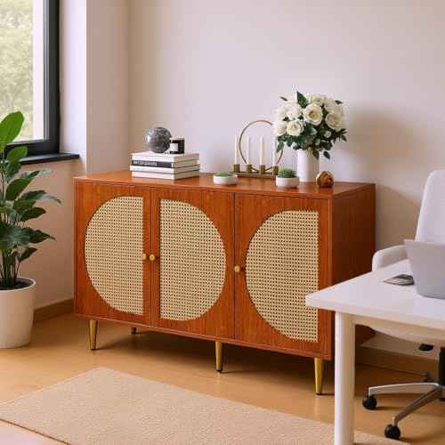 FURNISH 1 Anrichte aus Nussbaum für die Aufbewahrung von Schulbedarf zu Hause mit 3 Türen mit Rattan-Dekor und Griffen aus Metall, Möbel aus Holz, zum Aufbewahren von Büchern und Arbeitswerkzeugen